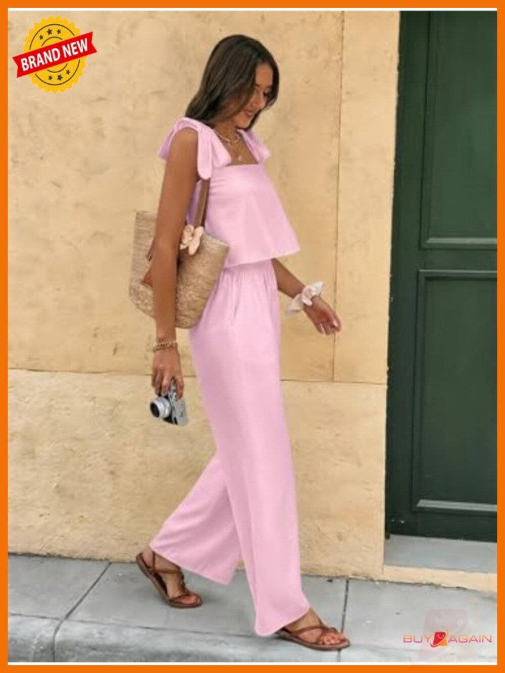 Women's 2 Piece Set Tie Shoulder Crop Top and Pants Travel Outfits - Picture 4 of 4